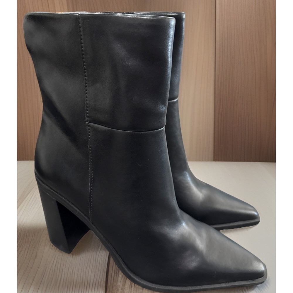 Steve Madden Womens Silvee Snip Toe Block Heel Side Zip Leather Boots‎ Black 10M